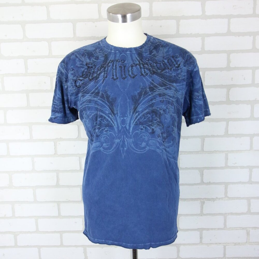Affliction T-Shirt Large Blue Fleur De Lis READ Distressed Tiny Holes Y2K
